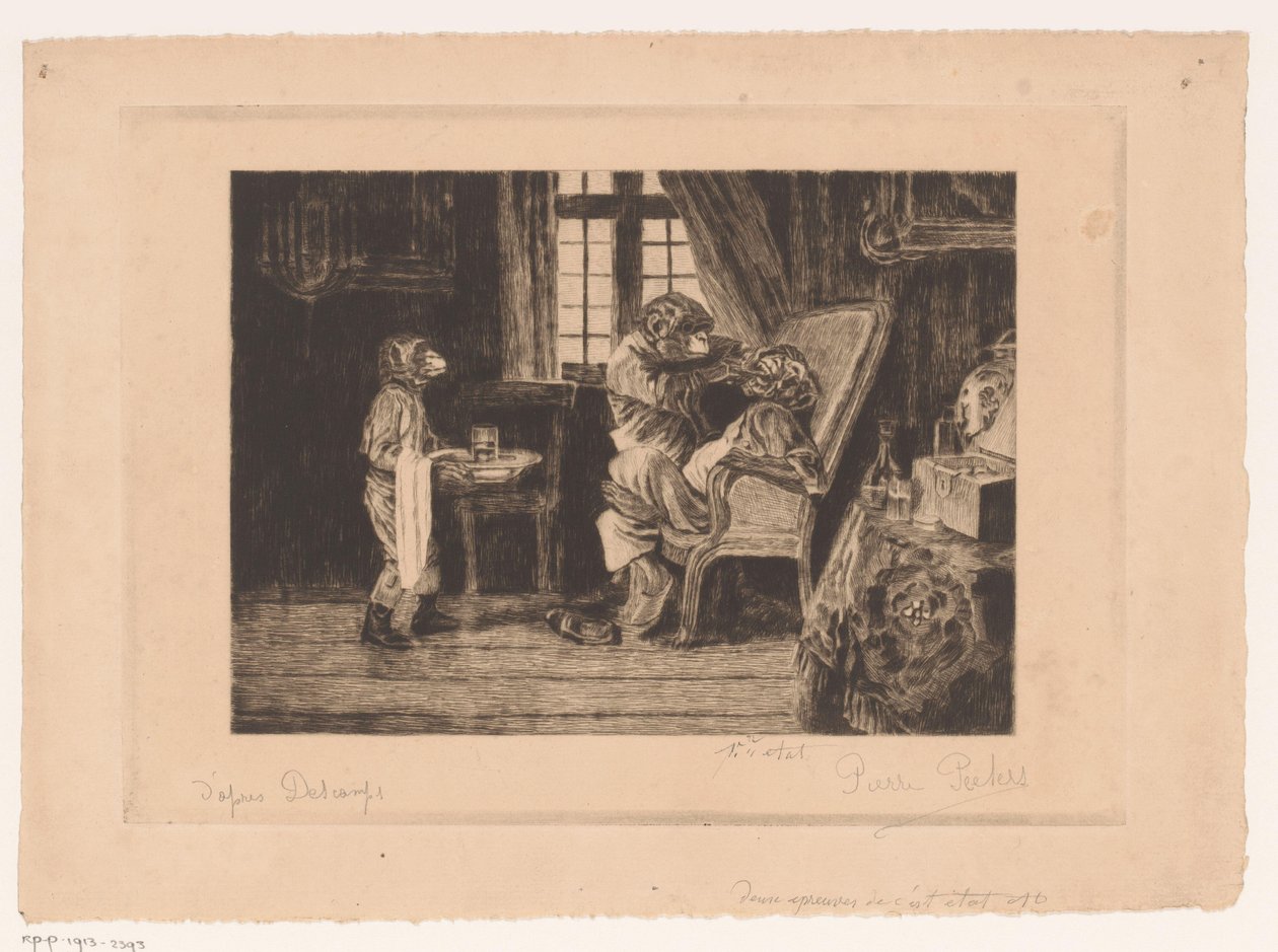 Satirisk skildring av apor som tandläkare, assistent och patient av Pierre Peeters (signed by artist)