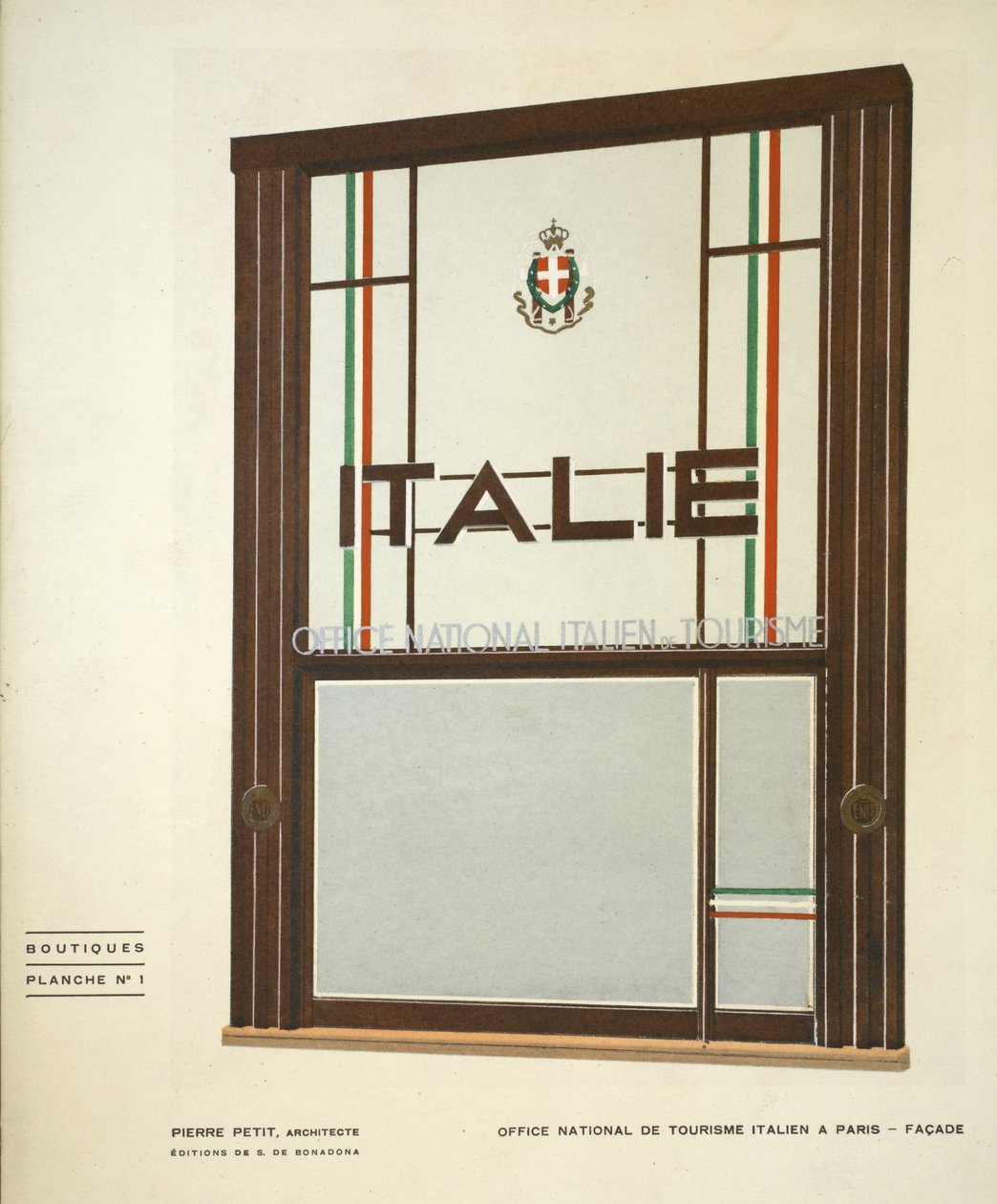 Italienska turistbyrån i Paris, Pierre Petit, butiker, Henry Delacroix, Editions S De Bonadona, Paris, sent 1920-tal, stenciltryck av Pierre Petit