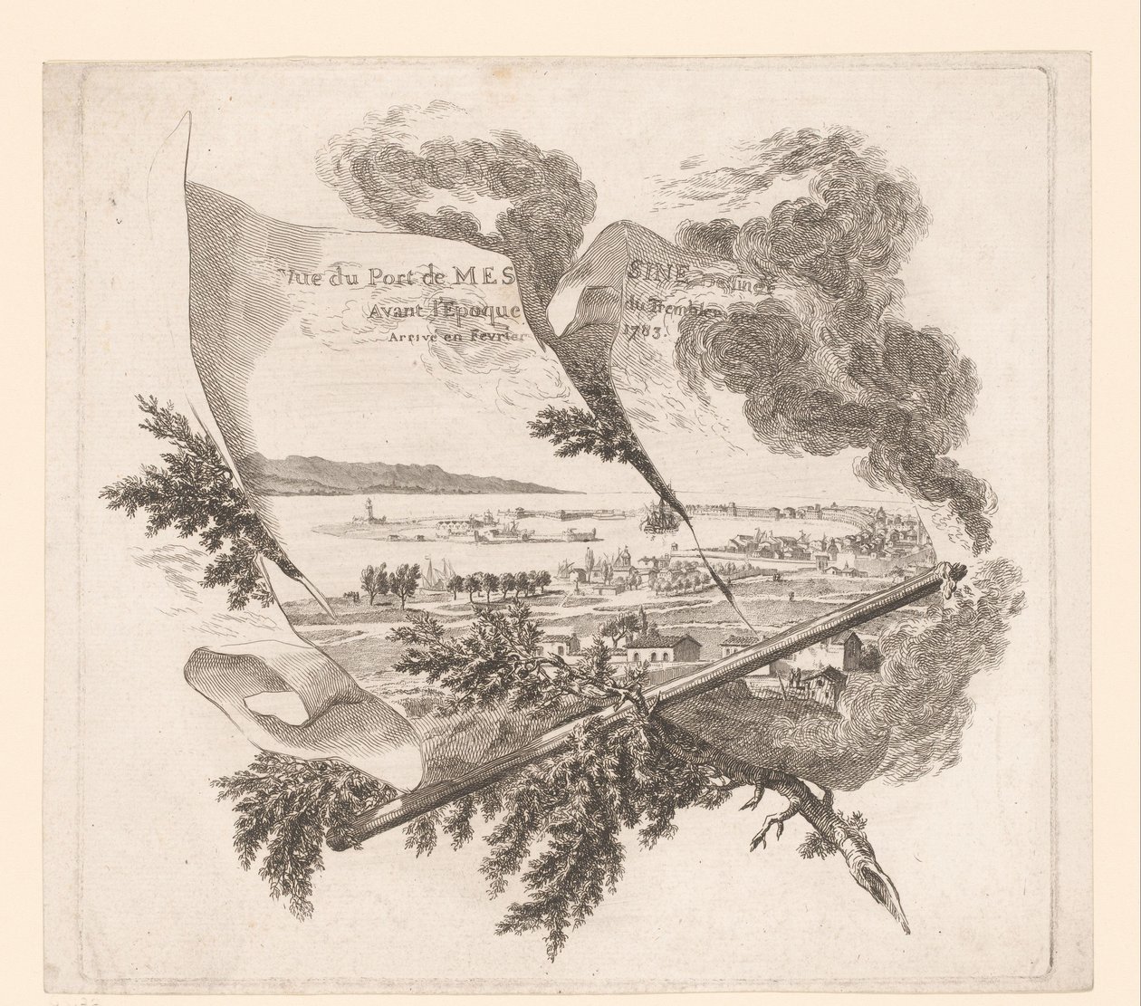 Zicht op de haven van Messina Utsikt över hamnen i Messina ritad före tidpunkten för jordbävningen anlände i februari 1783. (titel på objektet) av Pierre Philippe Choffard (attributed to)