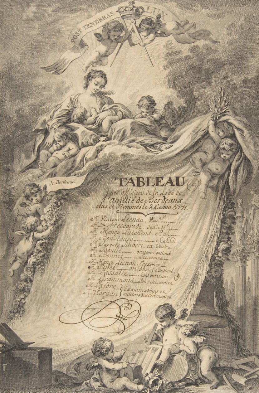 Diplom för frimurarna i Bordeaux, efter François Boucher, 1766. av Pierre Philippe Choffard