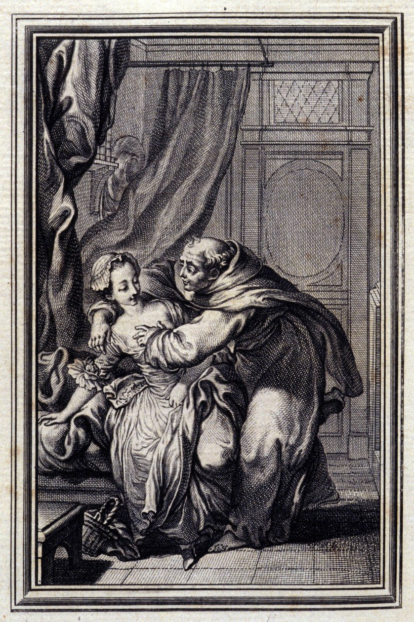Hur andan kommer till tjejer. i "" Tales et nouvelles en verse"" av Jean La Fontaine. 1776. Illustration av P.P. Choffard. av Pierre Philippe Choffard