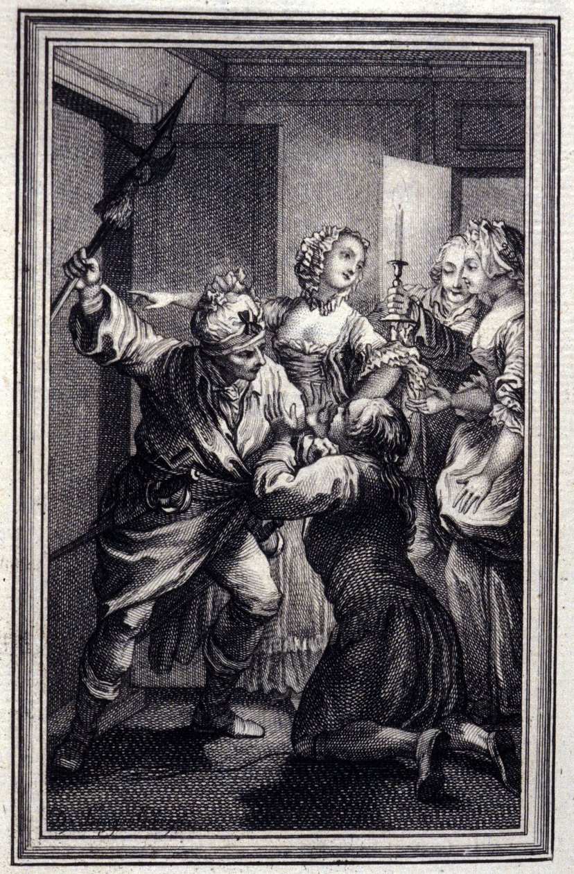 La Gageure des trois commeres - i "" Sagor och noveller på vers"" av Jean La Fontaine. 1776. Illustration av P.P. Choffard. av Pierre Philippe Choffard