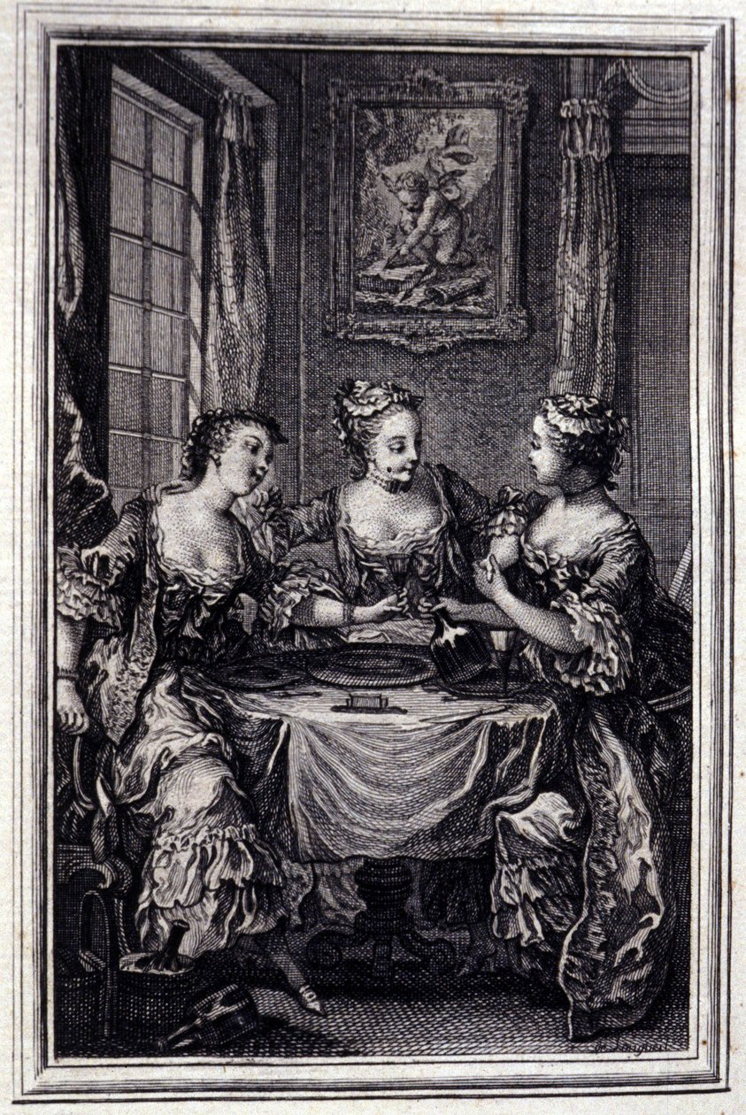 La Gageure des trois commeres - i "" Sagor och noveller på vers"" av Jean La Fontaine. 1776. Illustration av P.P. Choffard. av Pierre Philippe Choffard