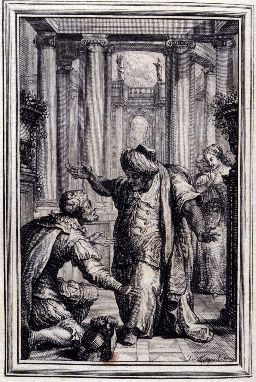 Den lilla hunden som skjuter pengar och stenar - i "" Sagor och noveller på vers"" av Jean La Fontaine. 1776. Illustration av P.P. Choffard. av Pierre Philippe Choffard