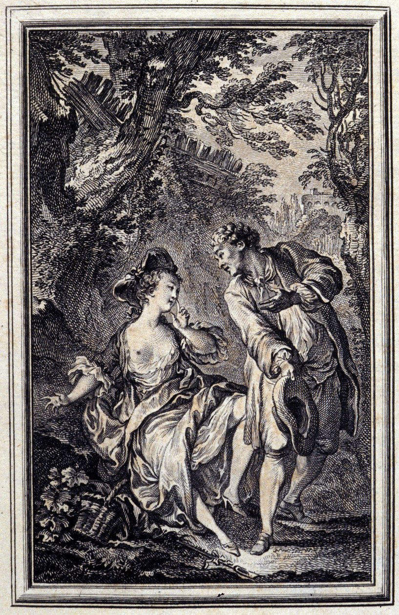Löfte är ett, och hålla är ett annat. I "" Tales et nouvelles en vers"" av Jean de La Fontaine, Amsterdam 1776. illustrerad av P.P.Choffard. av Pierre Philippe Choffard