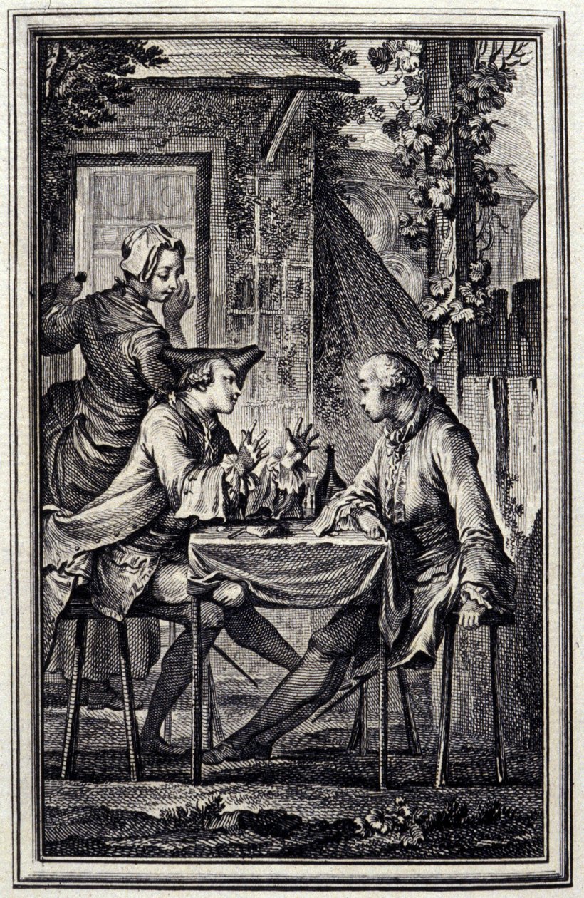 öronmätaren eller musselskrämaren. I "Tales et nouvelles en vers" av Jean de La Fontaine, Amsterdam 1776, illustrerad av P.P.Choffard. av Pierre Philippe Choffard