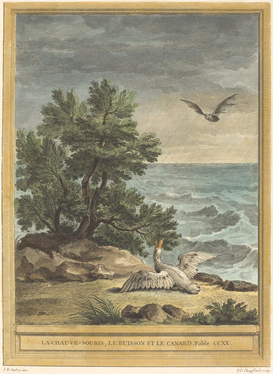 Fladdermusen, busken och ankan av Pierre Philippe Choffard after Jean Baptiste Oudry
