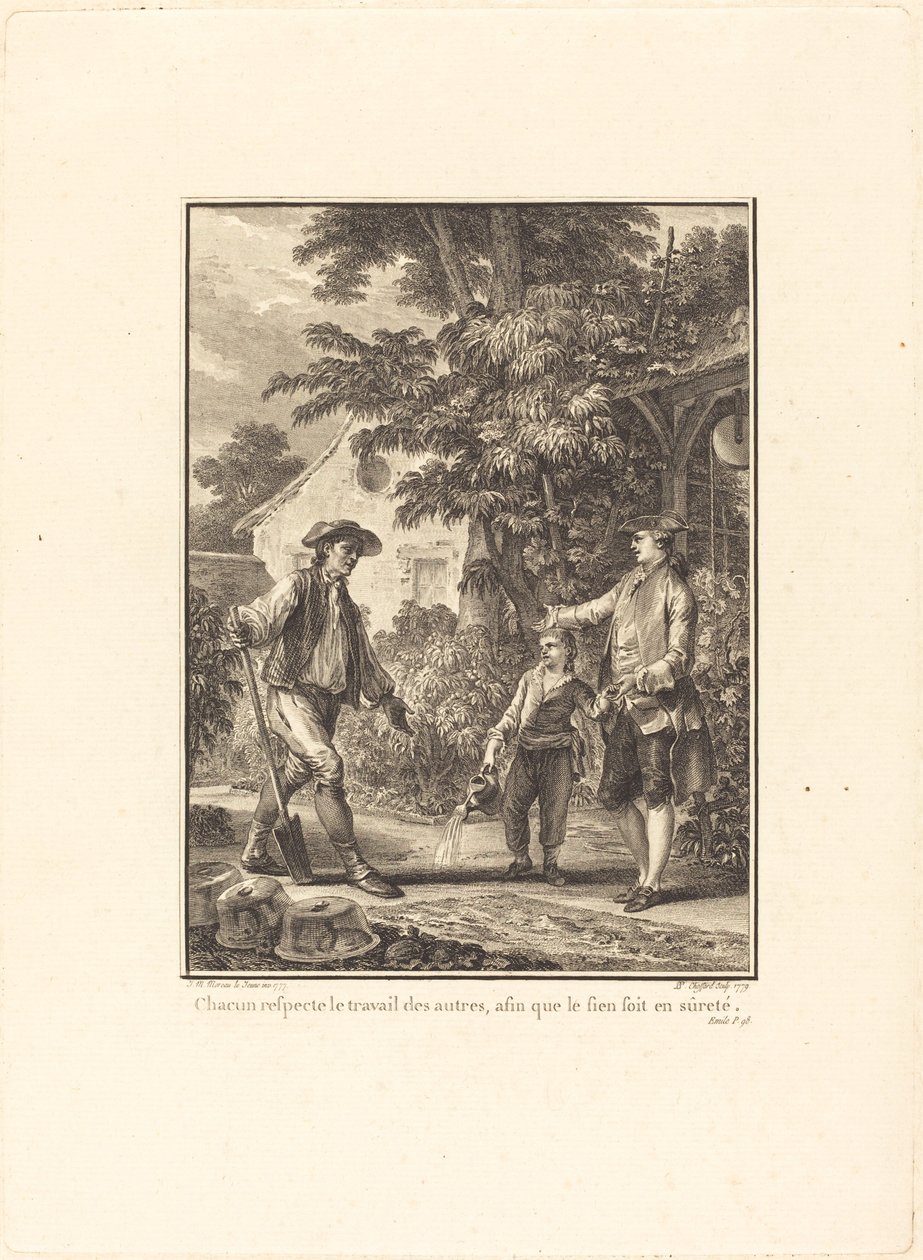 Alla respekterar andras arbete, så att hans eget är säkert av Pierre Philippe Choffard after Jean Michel Moreau