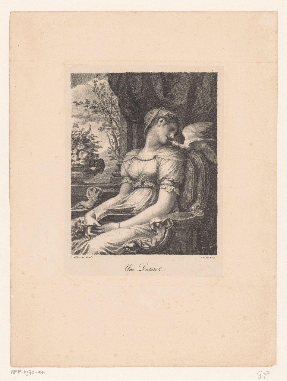 Sittande kvinna med bok och vit fågel Une föreläsning (titel på objekt) av Pierre Prud