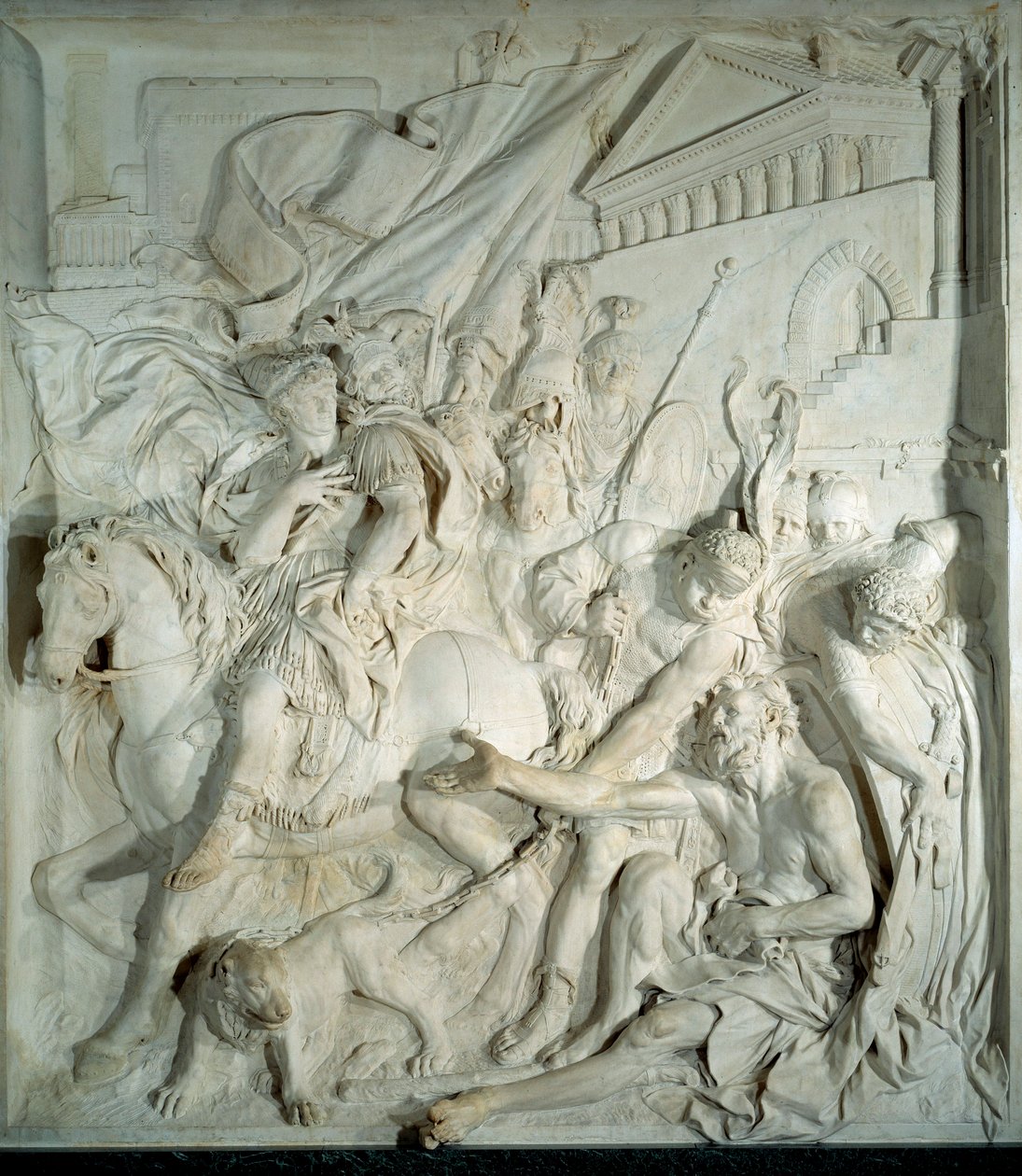 Alexander den store (356 BC-323 BC) möter den grekiske filosofen Diogene the Cynic (413 BC-327 BC) i sin tunna”” Basreliefmarmor av Pierre Puget (1620-1694) 1693. Från Salle härkomst Suisse (Louvren) ). Paris, Louvren av Pierre Puget
