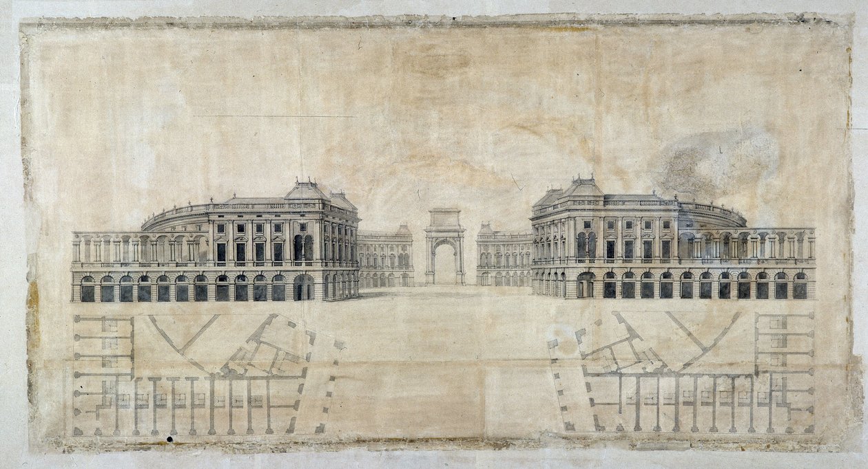 Arkitektur: ”Projekt av Place Royale för Marseille, perspektiv på hamnen och planlösning” 1686 (ritning) av Pierre Puget