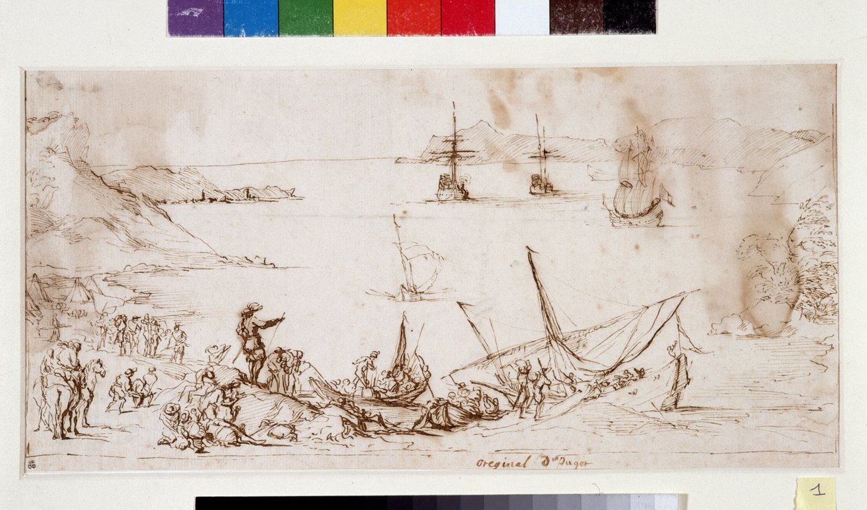 Bording av trupper i bukten i Ciotat (bläck och penna på papper) av Pierre Puget