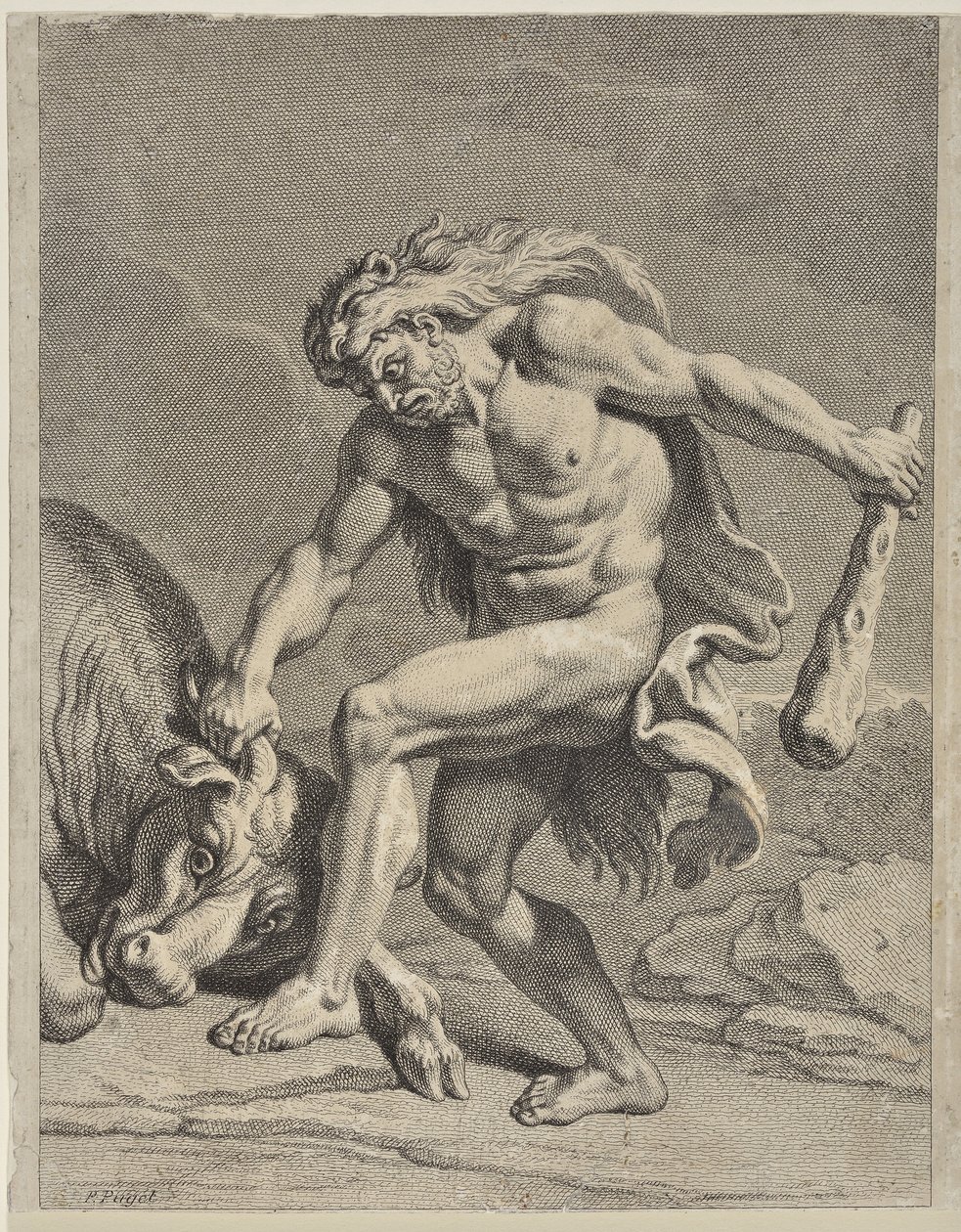 Hercules slåss mot den kretensiska tjuren (ritning) av Pierre Puget