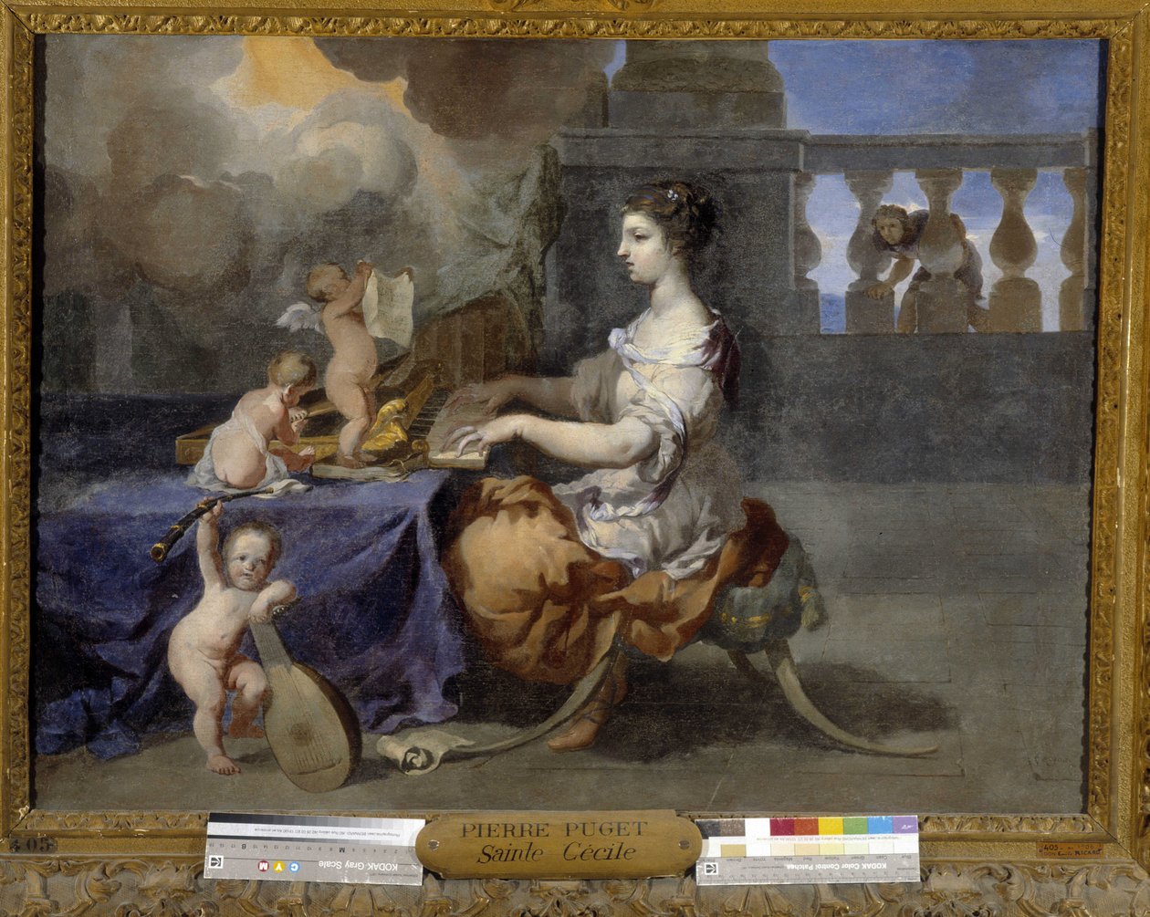 Saint Cecile spelar cembalo för att konvertera sin man till katolicismen. Saint Cecile är musikernas skyddshelgon av Pierre Puget