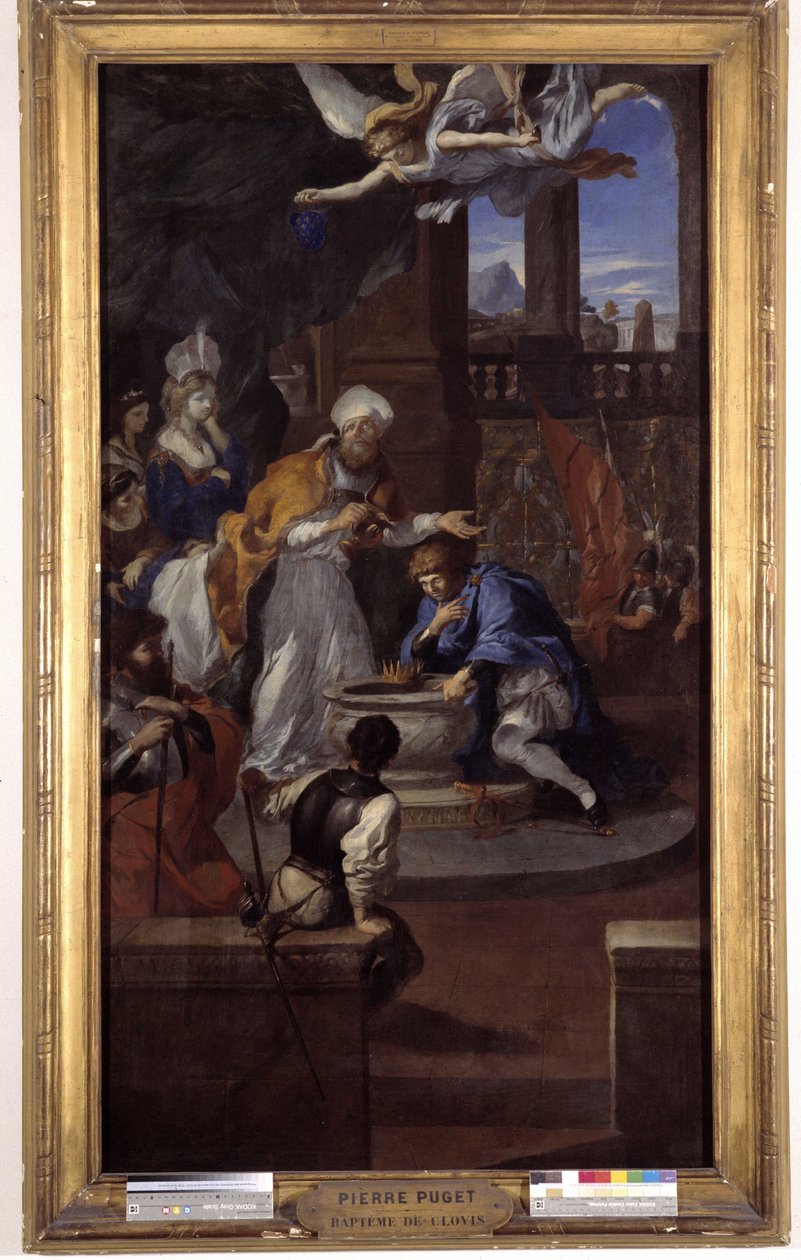 The Bapteme of Clovis I (465-511), 25 december 496, av Saint Remi, eveque of Reims (olja på duk) av Pierre Puget