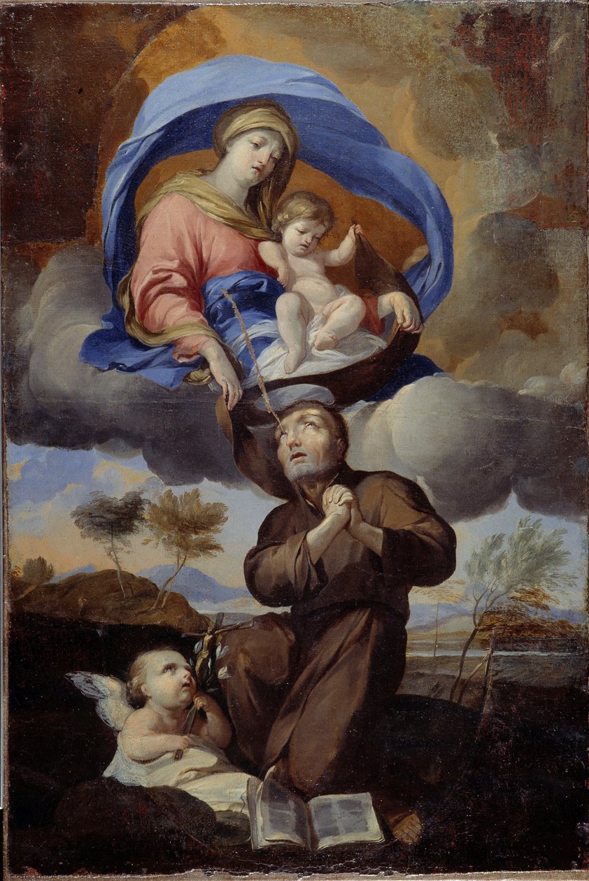 Jungfrun ger skulderbladet till Saint Simon Stock (död 1265) (olja på duk) av Pierre Puget