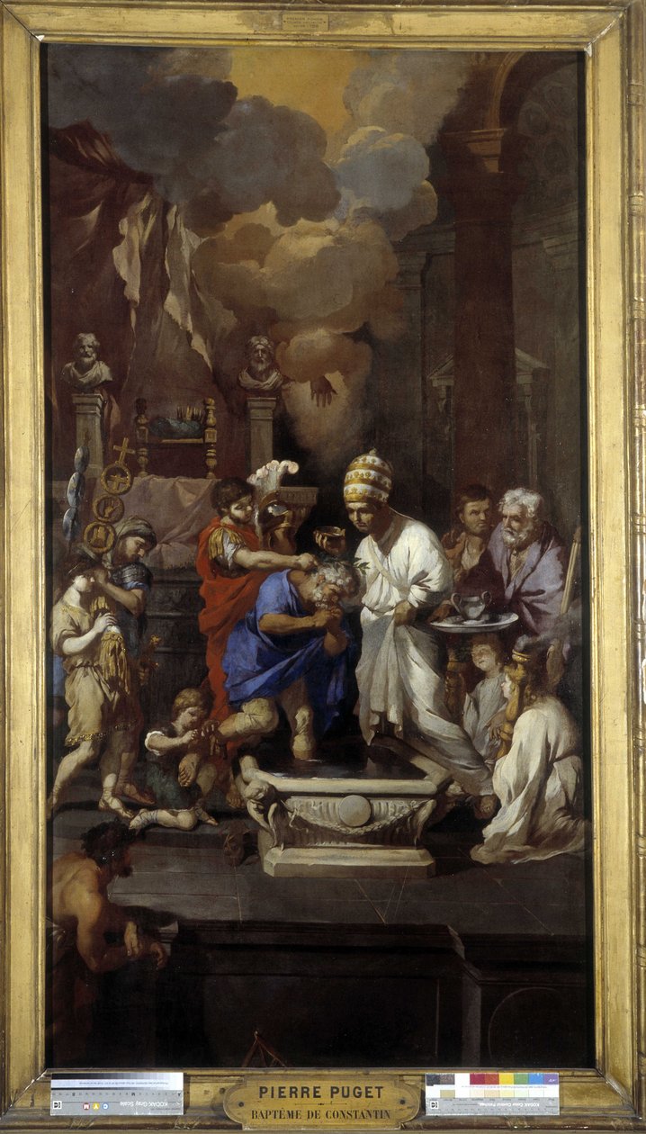 Konstantins dop: Kejsar Caius Flavius Valerius Aurelius Constantinus tar emot sakramentet av påven Sylvester I (Saint), i Johanneskyrkan i Lateranen i Rom av Pierre Puget