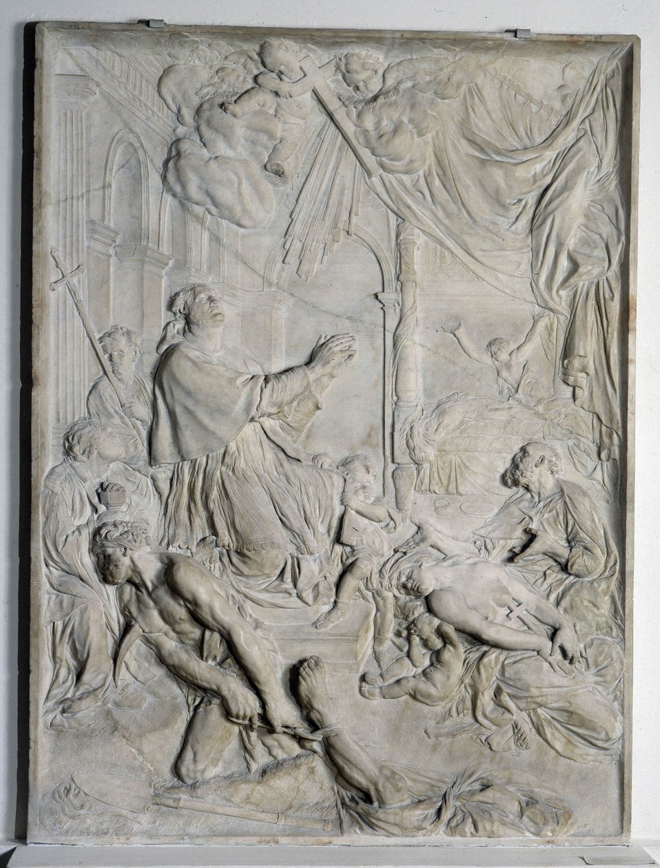 lågrelief av pesten i Milano - Saint Charles Borromee (San Carlo Borromeo) (1538-1584, kardinal och ärkebiskop av Milano) ber (marmor) av Pierre Puget