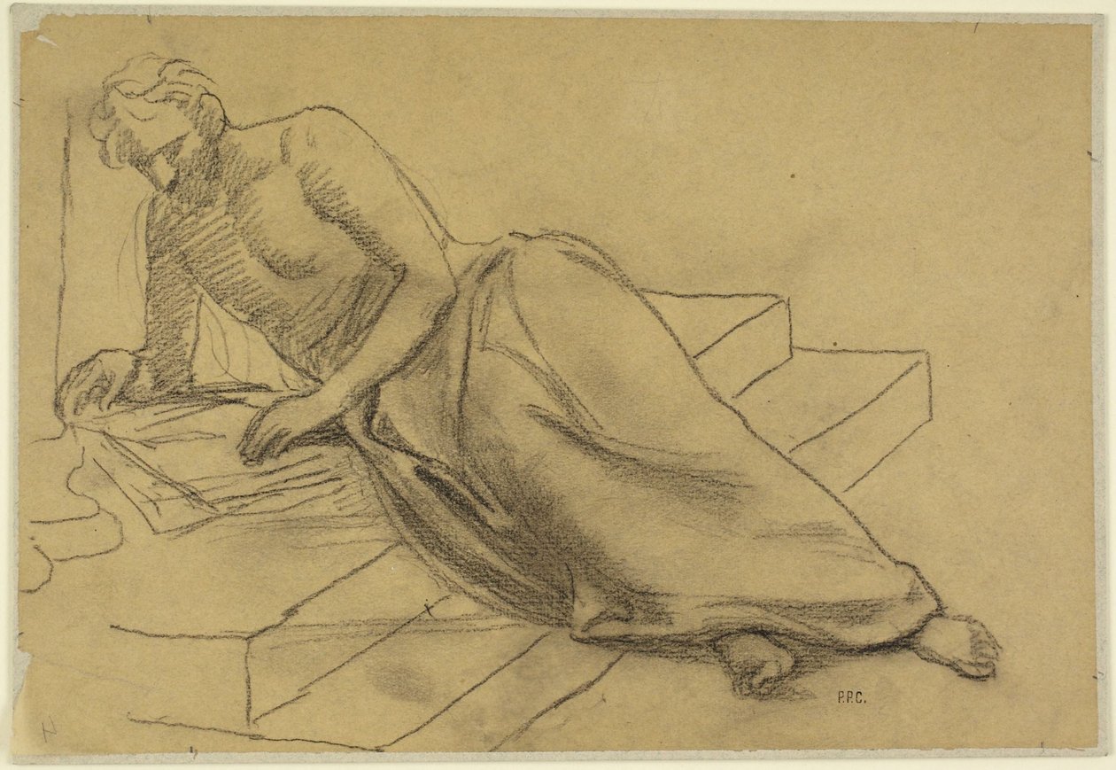 Man som ligger på trappor och läser, studie till En filosof, för Boston Library av Pierre Puvis de Chavannes