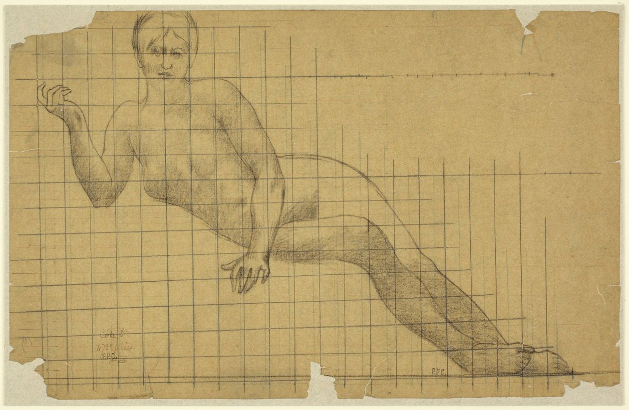 Liggande kvinnlig akt, studie i omvänd perspektiv för figuren i ”Hemicycle of the Sorbonne: Letters, Science, and Arts”, Sorbonne, Paris av Pierre Puvis de Chavannes