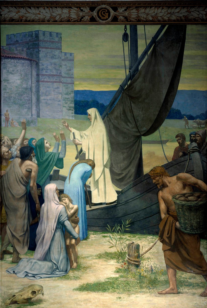 Sainte Genevieve försörjer parisare som belägrats av armén av Attila, hunnernas kung. Fresk av Pierre Puvis De Chavannes (1824-1898) 1800-talets Paris. Pantheon av Pierre Puvis de Chavannes