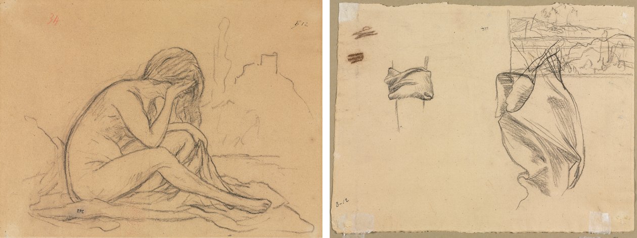 Studie av en kvinnlig naken (möjligen för en orealiserad allegorisk målning) (recto); Studier av draperi och studier av ett landskap (verso) av Pierre Puvis de Chavannes