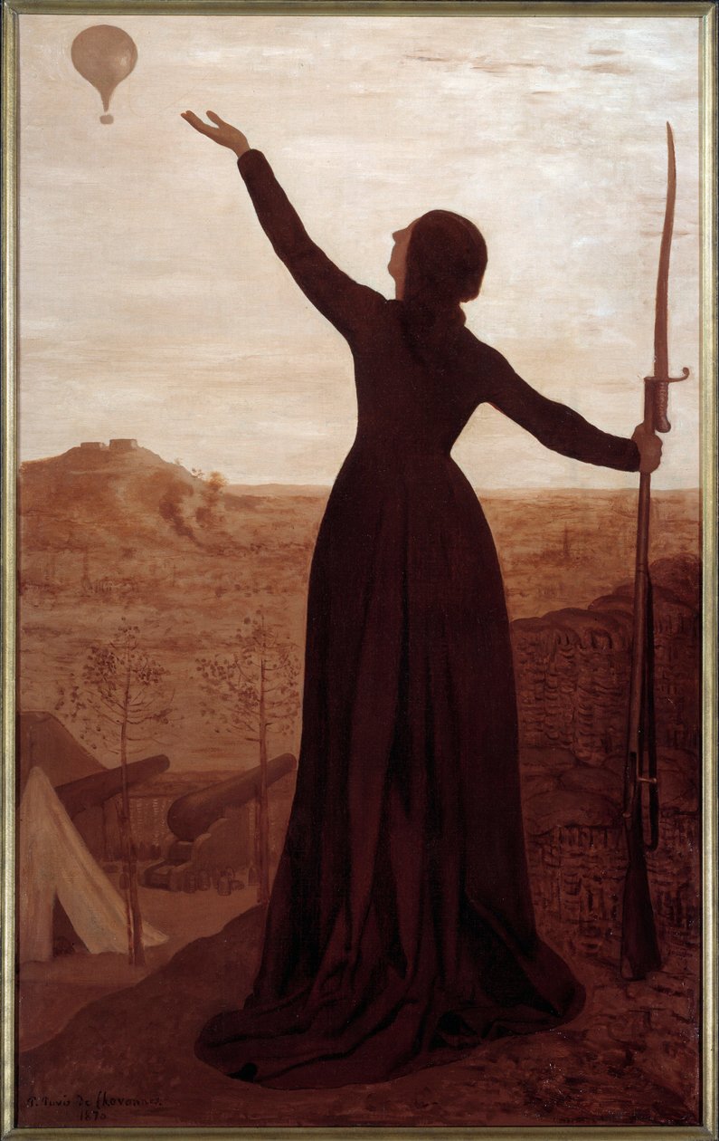 Bollen. Inskription på ramen: "Staden Paris investerade anförtror luften sitt kall till Frankrike". En kvinna som håller i en bajonett visar en ballong på himlen. Målning av Pierre Puvis De Chavannes (1824-1898) av Pierre Puvis de Chavannes