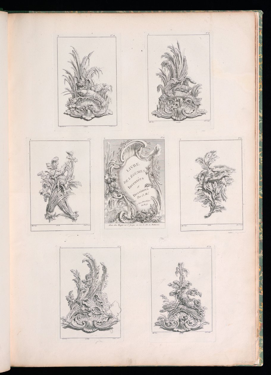 Prydnadsdesign med två döda fåglar som ligger på Acanthus Gren, från Livre de Legumes av Pierre Quentin Chedel