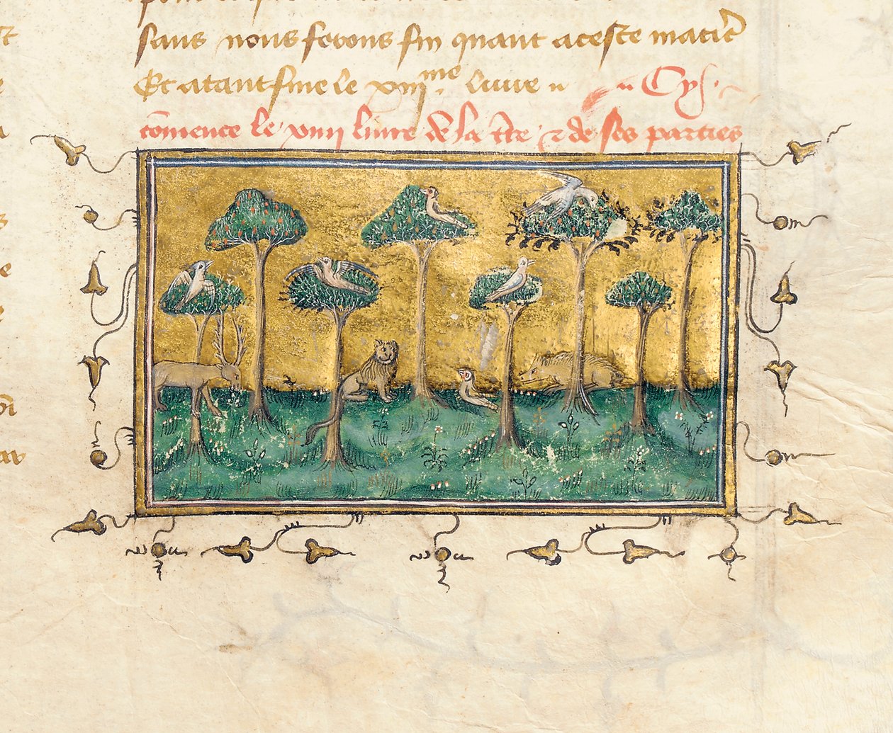 Detalj av en sida från "The Properties of Things" av engelsmannen Bartholomew, i den franska översättningen av Jean Corbechon, ca 1390 av Pierre Remiet