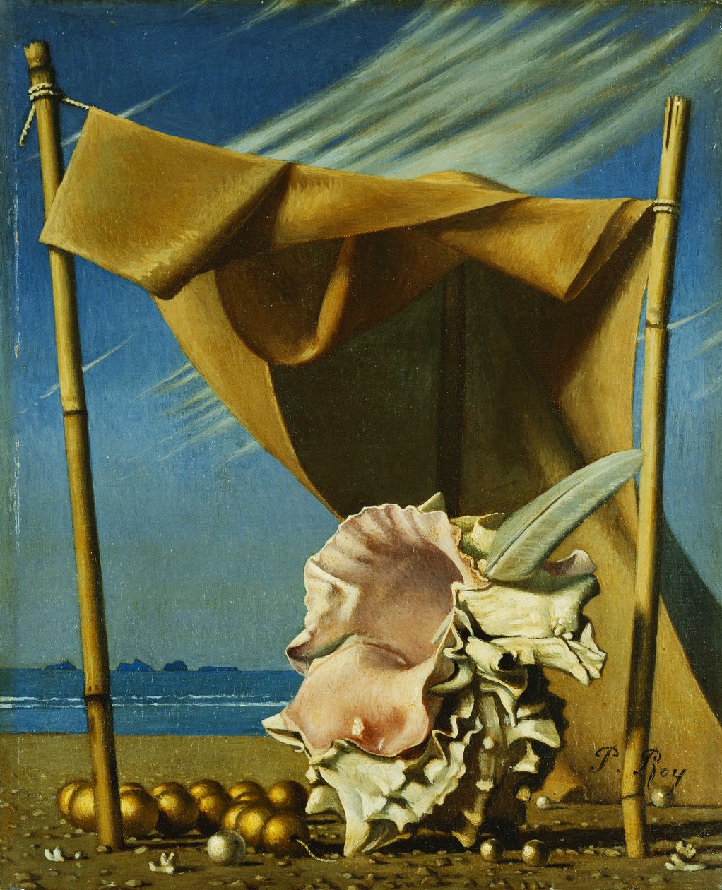 Skal och drapering; Coquillage et Drape, ca 1930 (olja på duk) av Pierre Roy