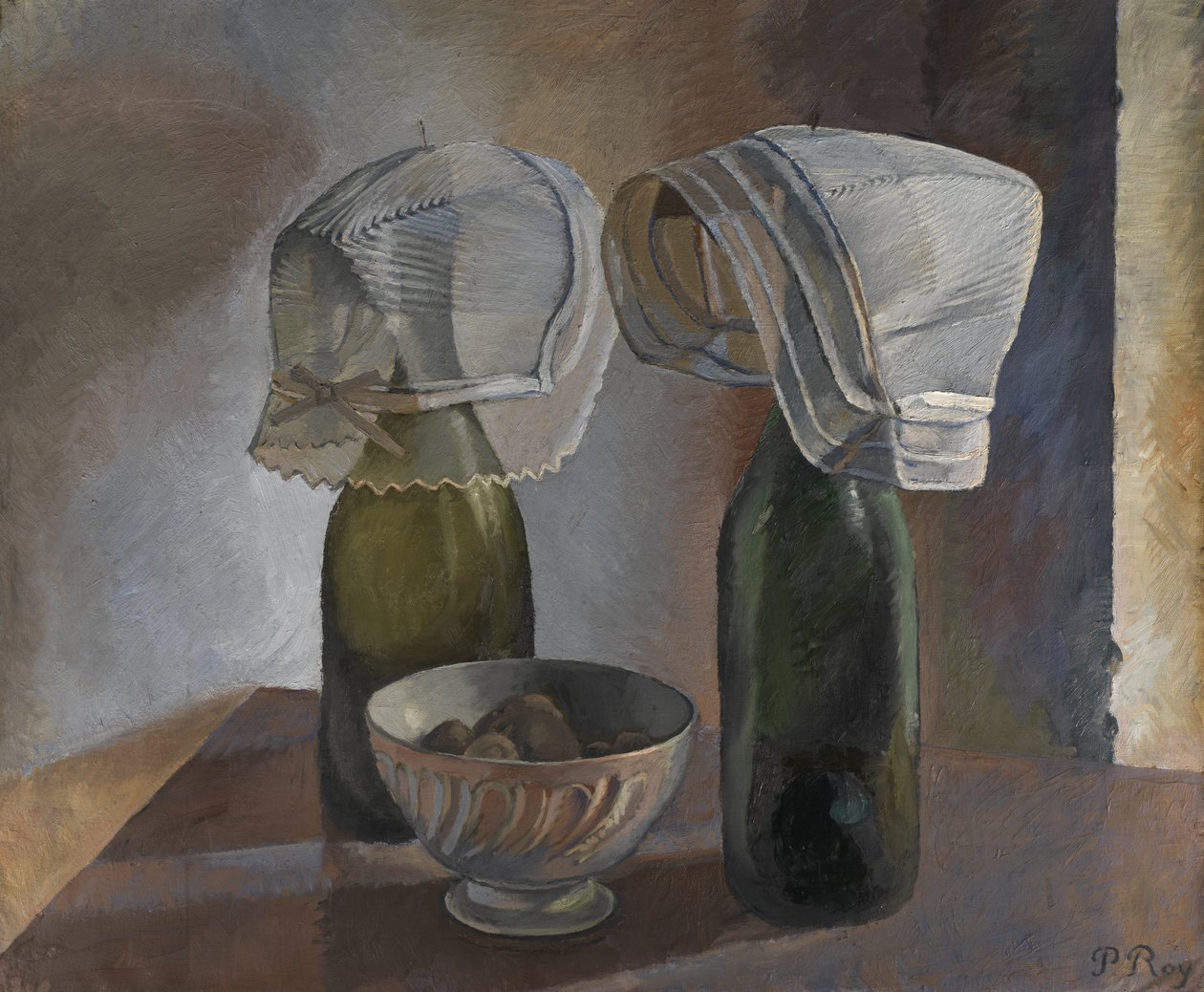 Stilleben med flaskor och bretonska motorhuvar, ca 1924 (olja på duk) av Pierre Roy