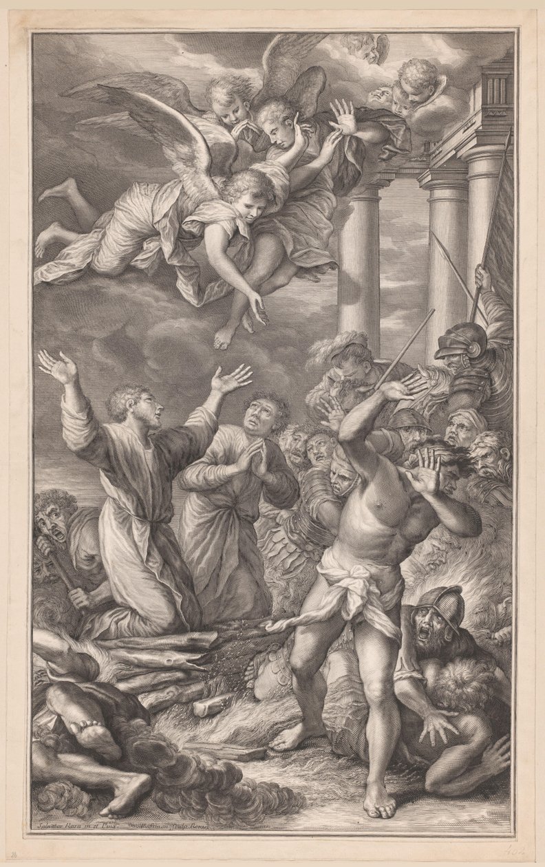 Cosmas och Damianus brann på bål, omgivna av soldater och änglar av Pierre Simon (I)