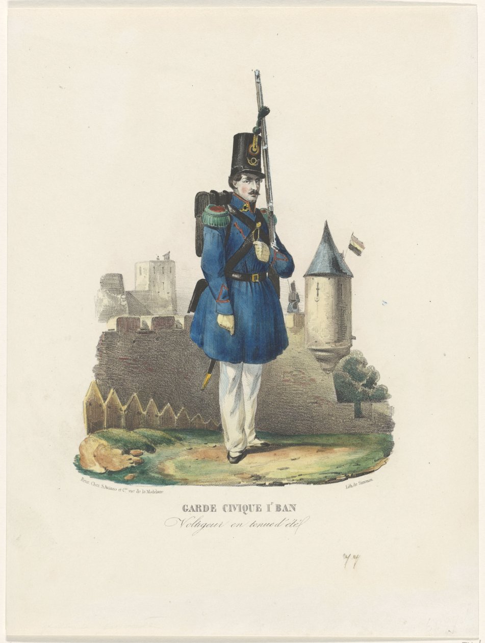 Belgiska burgerwacht op wacht, 1830 Civic Guard 1st Ban / Voltigeur i sommarklänning (titel på objekt) av Pierre Simonau