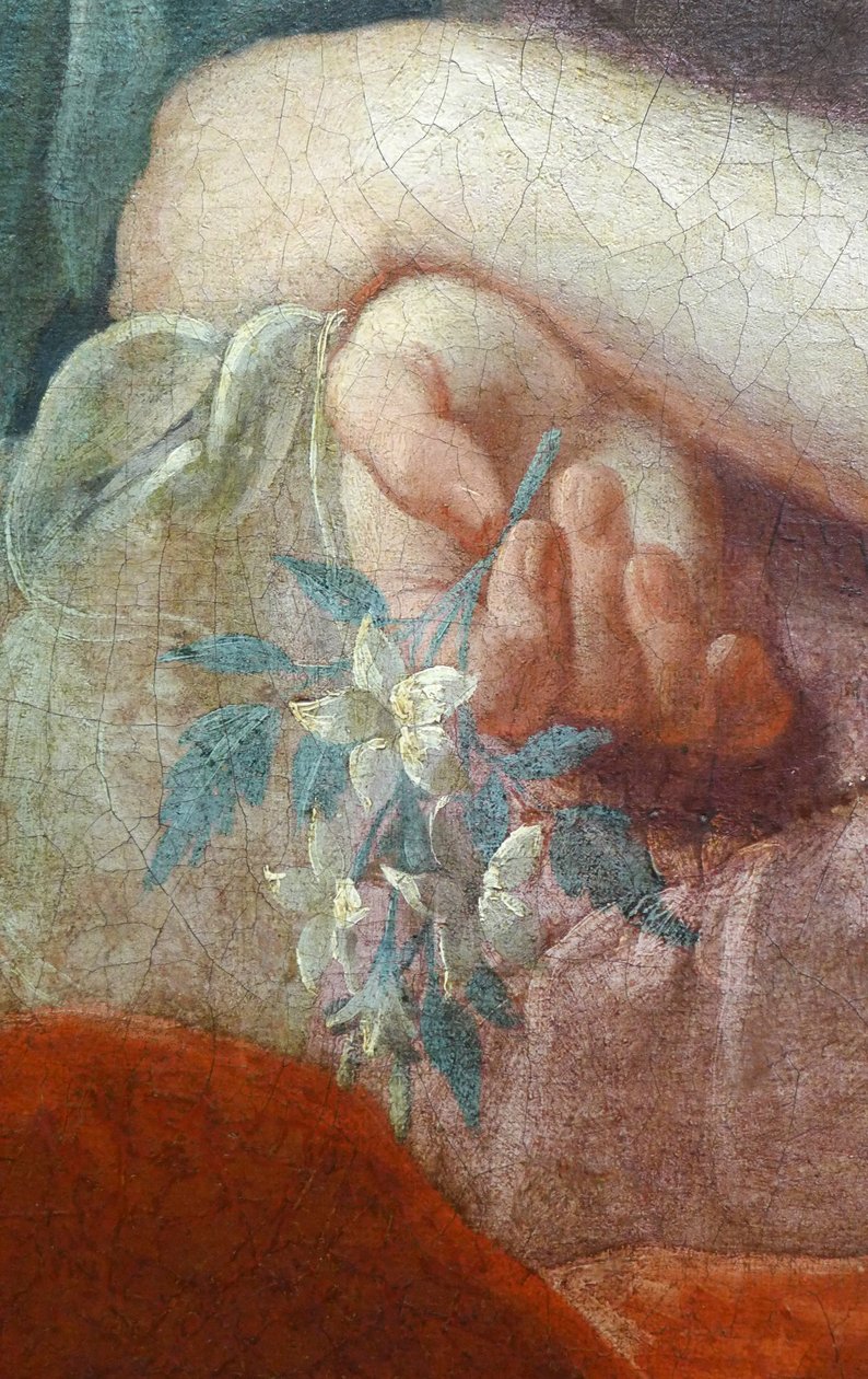 Hand av en ung kvinna som håller en blommande gren. Detalj av porträtt av Madame Poulhariex och hennes dotter, omkring 1728 (olja på duk) av Pierre Subleyras