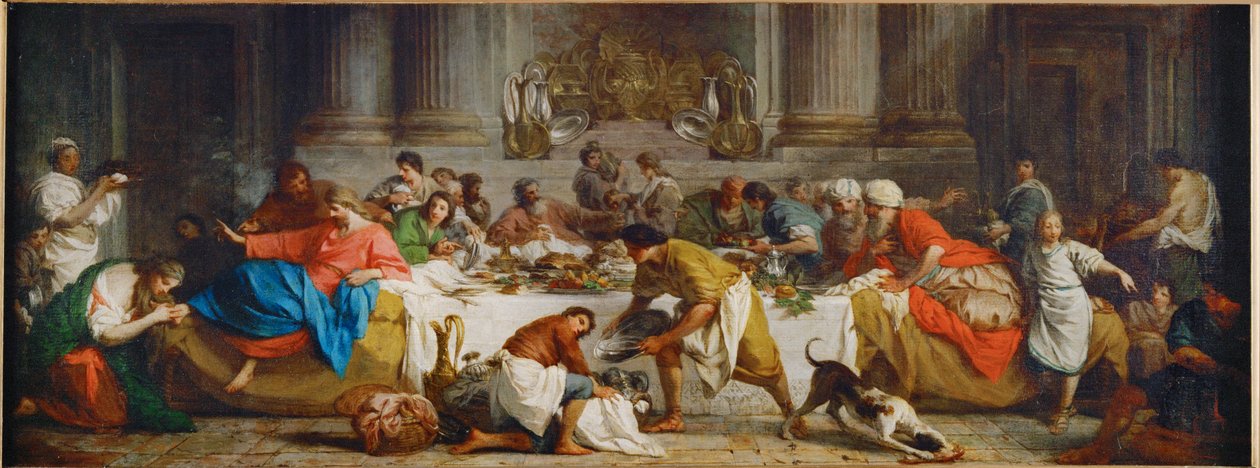 Le repas chez Simon. Måltiden i Simons hus. Martha häller olja över Kristi fötter och torkar dem med sitt hår ... av Pierre Subleyras