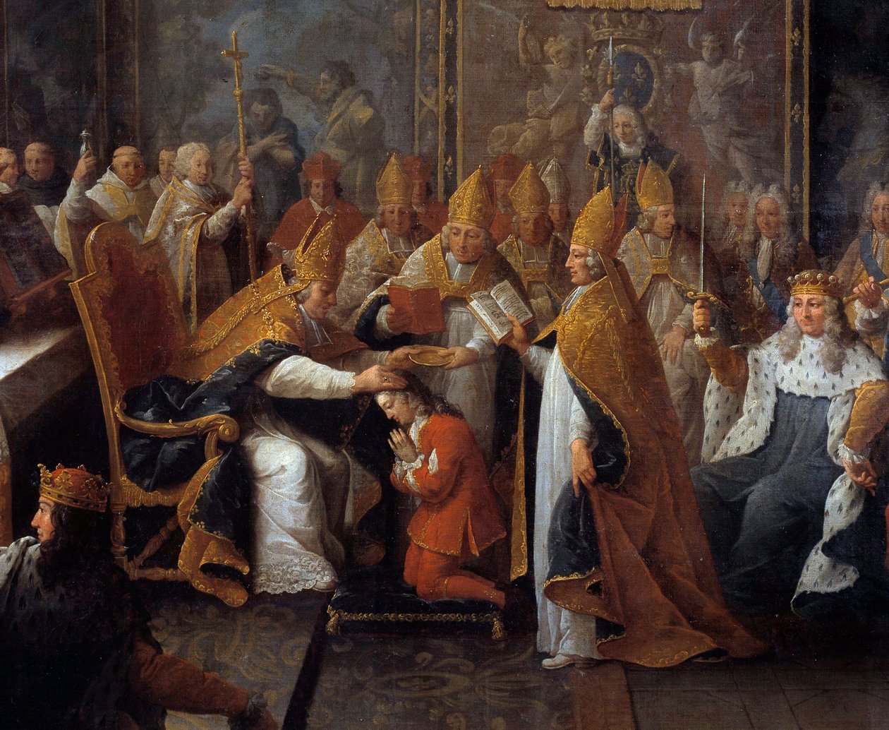 Kröningen av Ludvig XV Kung Ludvig XV (1710-1774) kröntes och var helig den 25/10/1722 i katedralen i Reims av arkeveken i Reims i närvaro av regenten, hertigen av Orleans (1674-1723) och en stor folkmassa. Detalj av målning av Pierre Sub av Pierre Subleyras