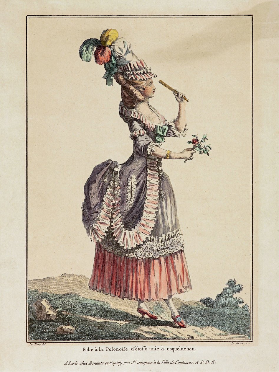 Polsk klänning av vanligt tyg med coqueluchon - Verk av Pierre Thomas Le Clerc (1739-1796), gravyr och akvarell, extraherad från Gallerie des modes et costumes francais av Pierre Thomas Le Clerc