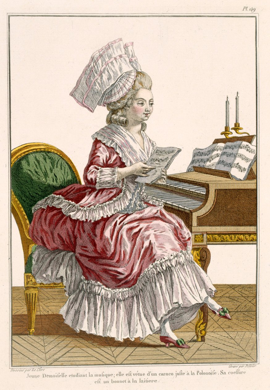 Ung kvinna som studerar musik vid sitt cembalo, platta 149 från "Galerie des Modes et Costumes Francais", graverad av J. Pelicier, 1778 av Pierre Thomas Le Clerc