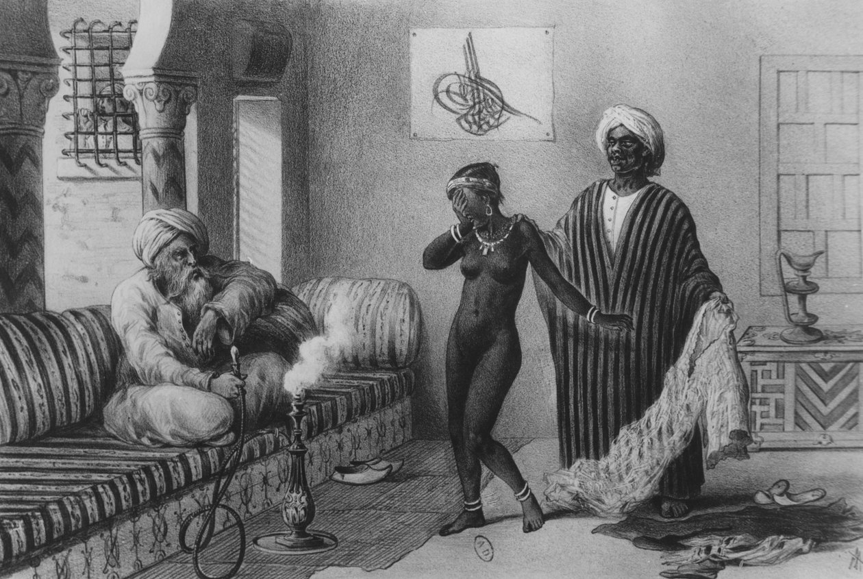 En ung flicka från Timbuktoo som erbjuds av en slavmästare i Tripoli 1854, från "Voyages au Soudan et dans L"Afrique Septentrionale", graverad av A. Adam, 1850 av Pierre Tremaux