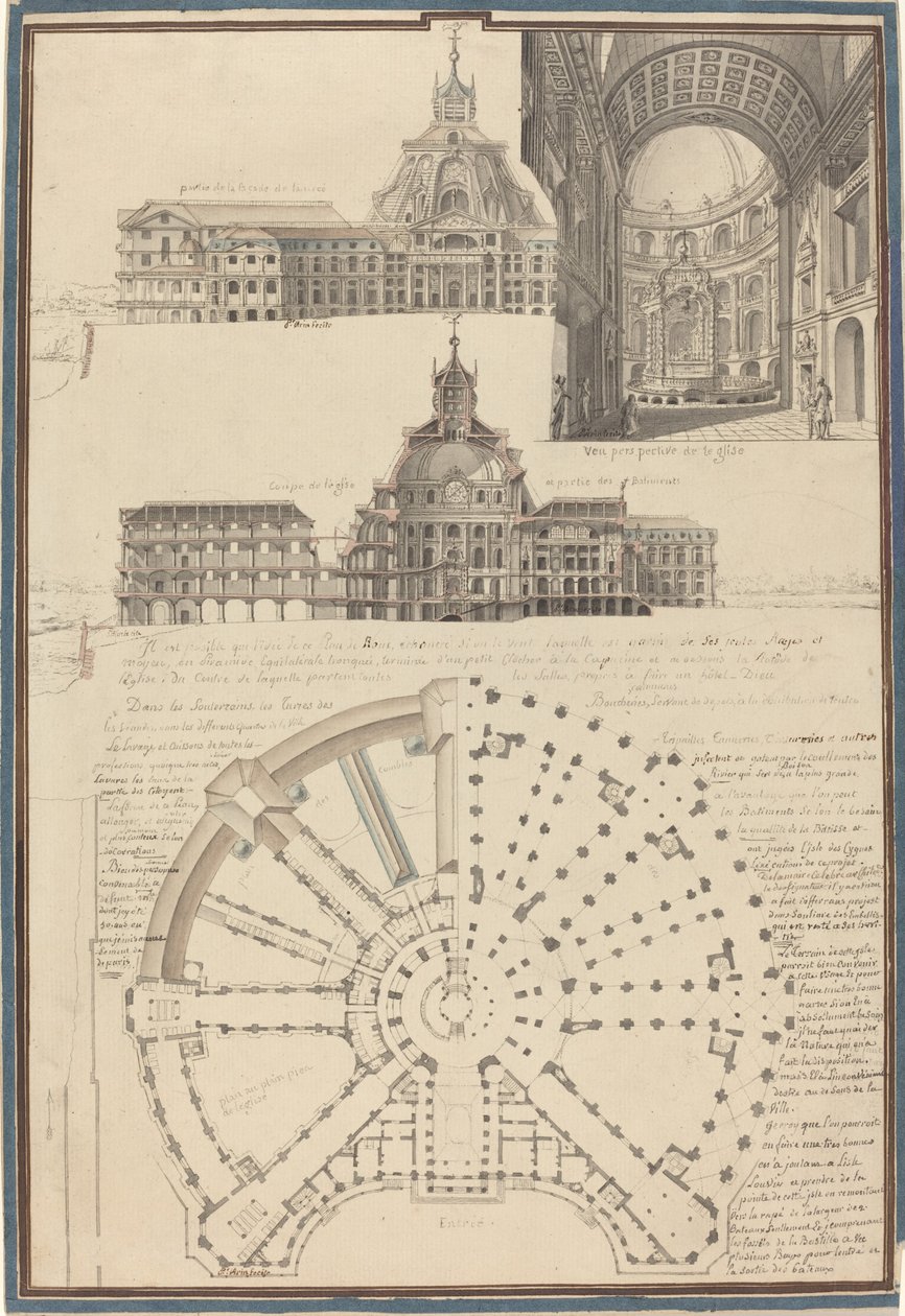 Plan och tre vyer av en cirkulär kyrka av Pierre Varin