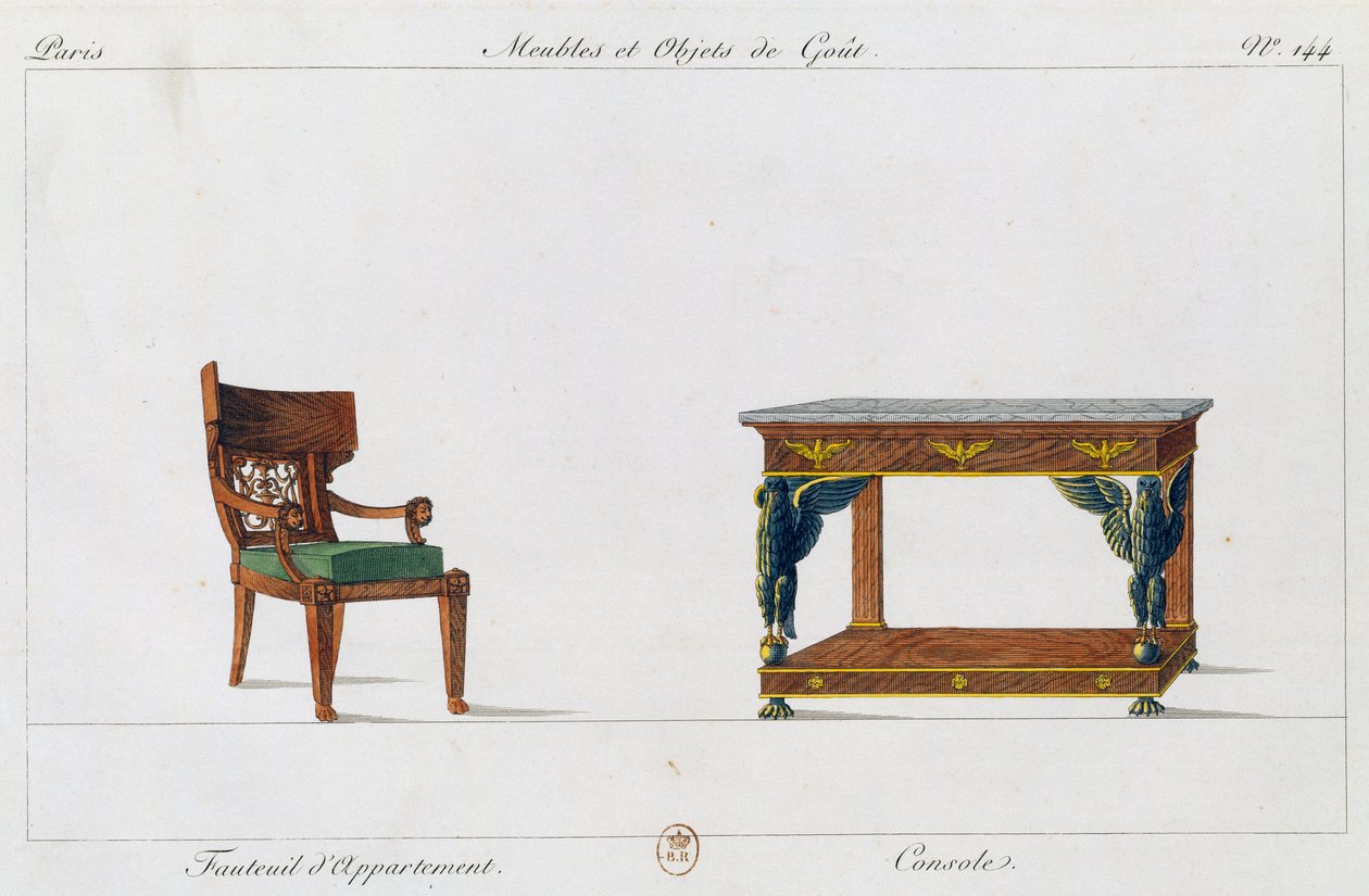 Lägenhetsfåtölj och konsol, tallrik 144, illustration från Collection de meubles et objects de gout (Samling av möbler och smakföremål) av Pierre de La Mesangere