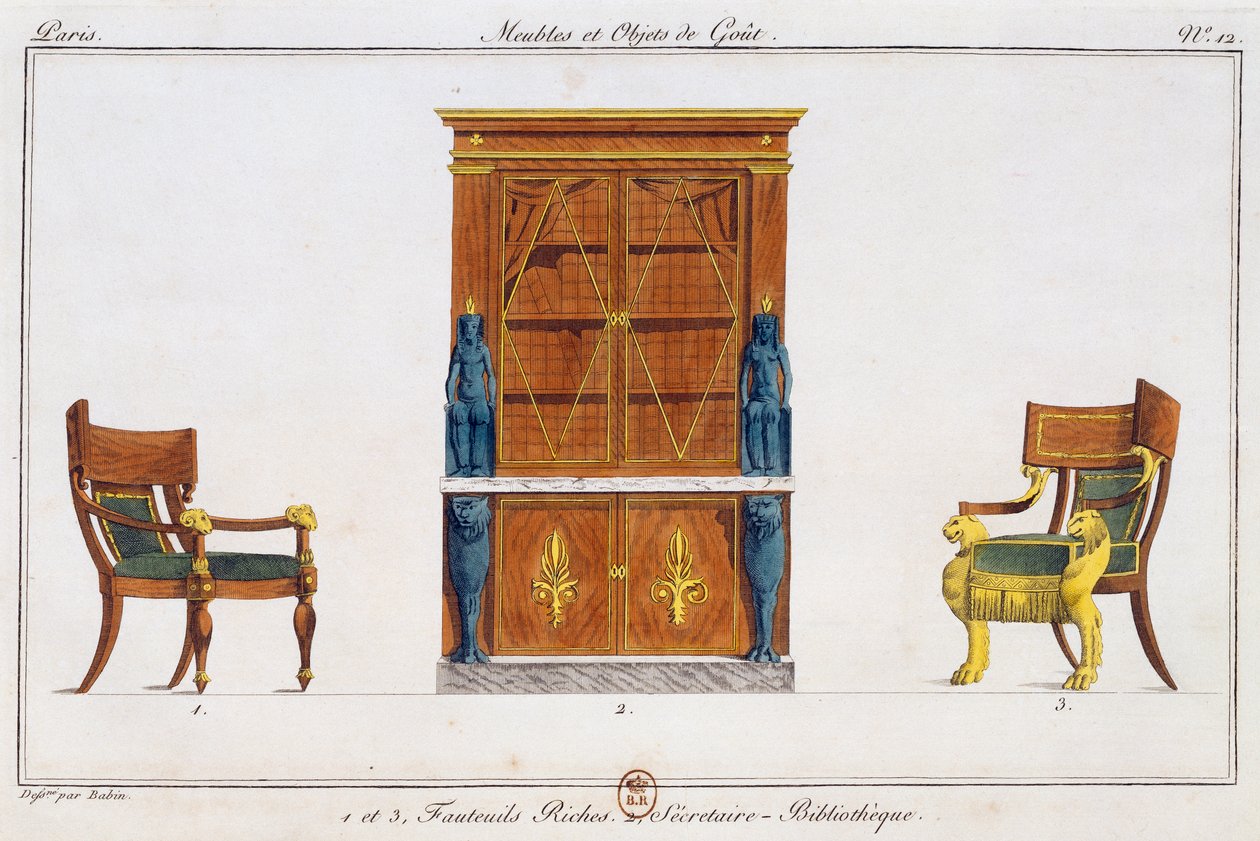 Fåtöljer och biblioteksskrivbord, tallrik 12, illustration från Collection de meubles et objects de gout (Samling av möbler och smakföremål) av Pierre de La Mesangere