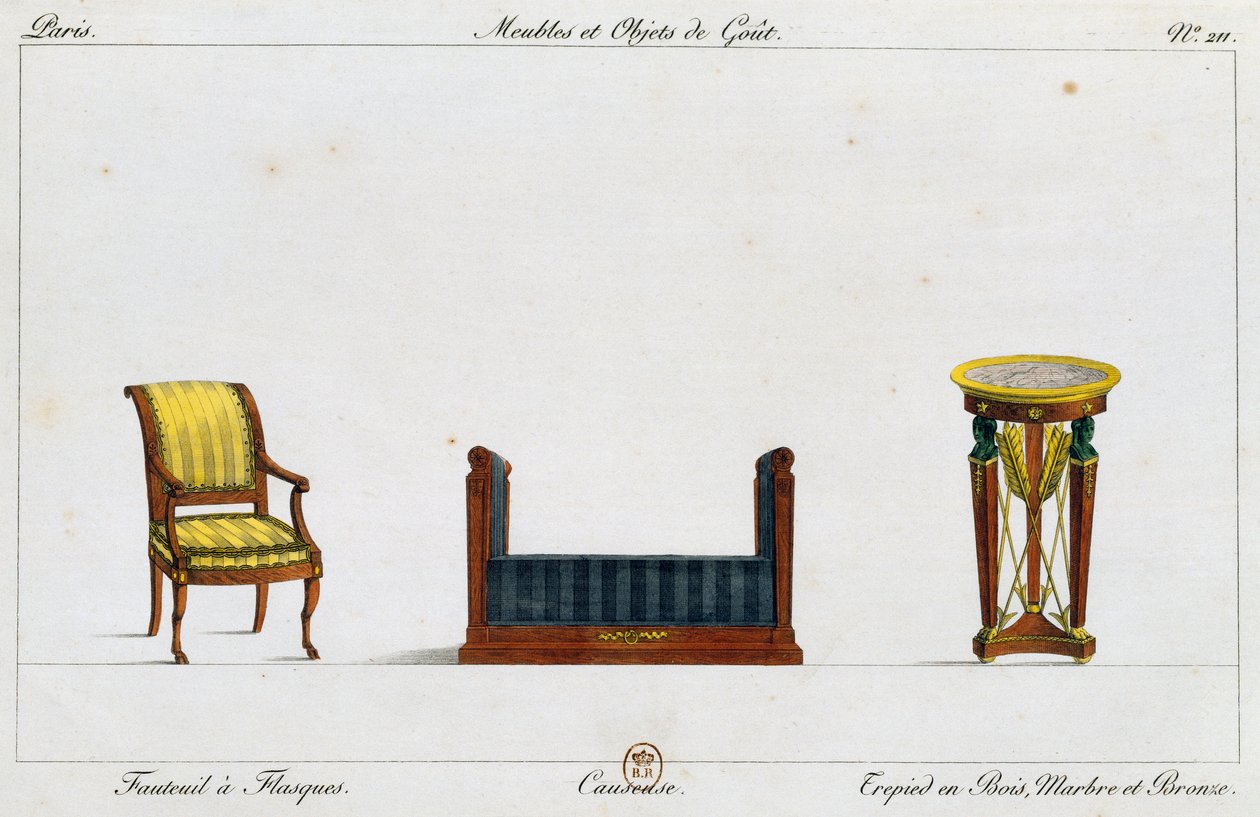 Flänsad fåtölj, loveseat och stativbord, tallrik 211, illustration från Collection de meubles et objects de gout (Samling av möbler och smakföremål) av Pierre de La Mesangere