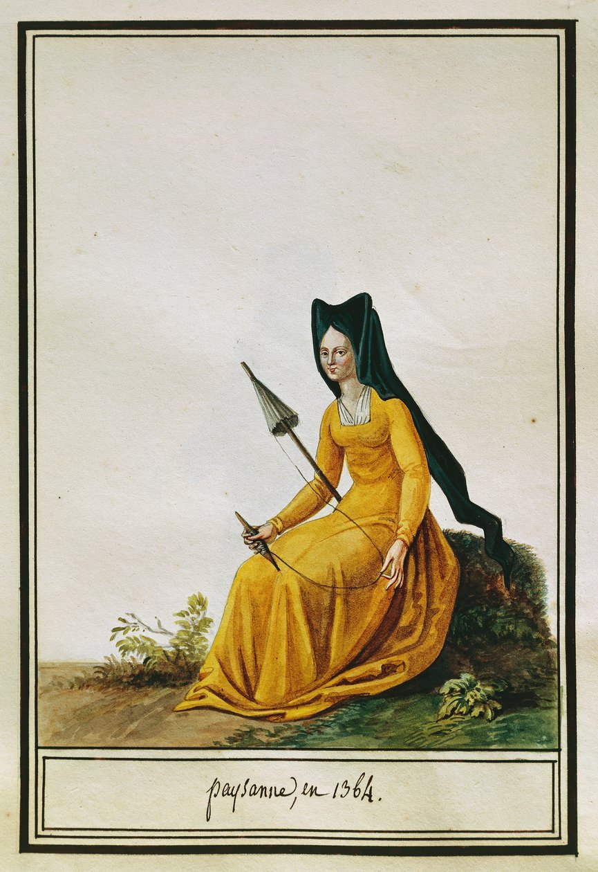 Fransk bonde som spinner, av Pierre Antoine Leboux de La Mesangere (1761-1831), akvarell av Pierre de La Mesangere
