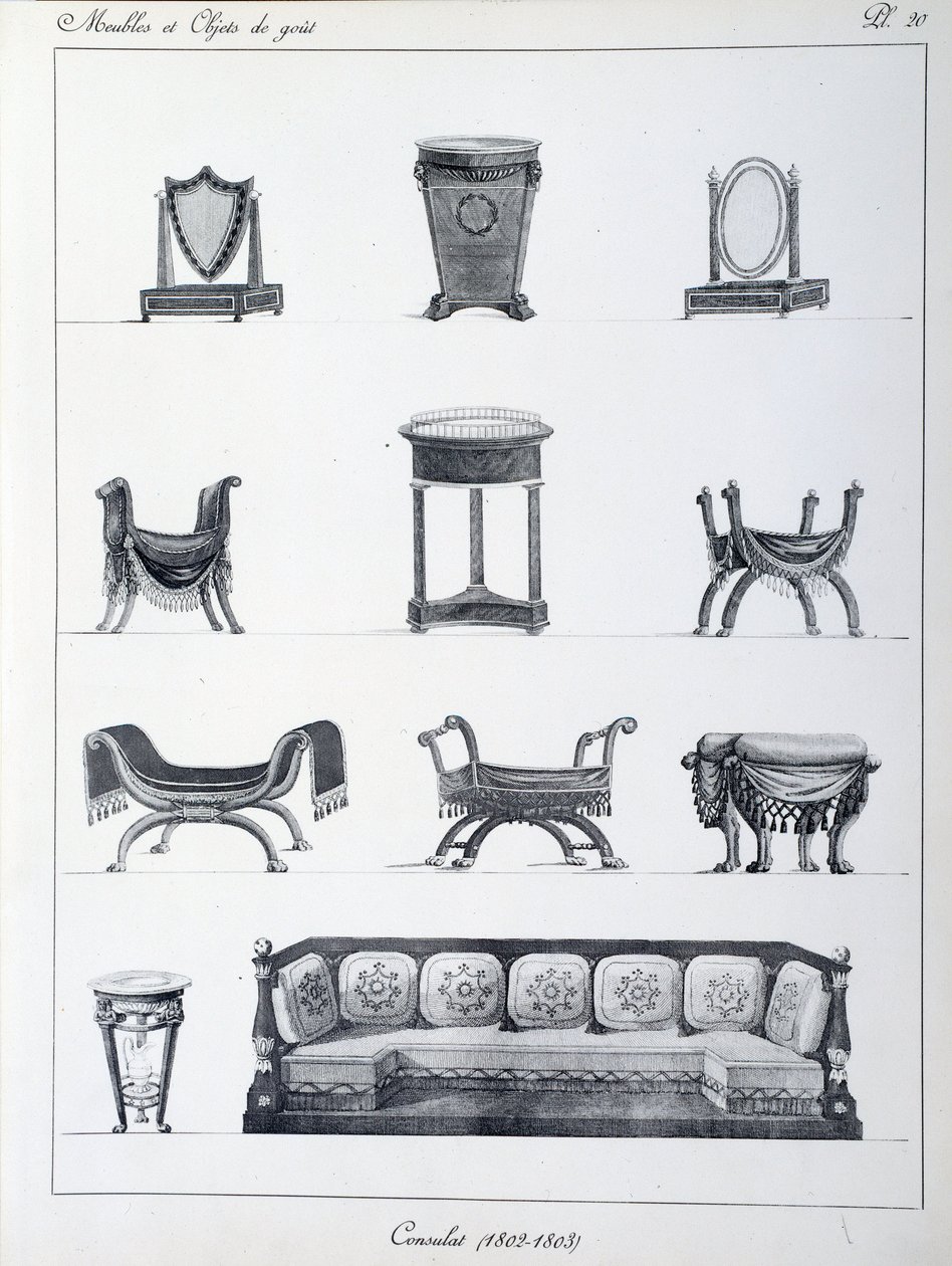 Möbler från periodens konsulat (1802-1803). Tallrik hämtad från samlingen "" Collection de mobilier et objets de taste"" av Pierre de la Mesangere (1761-1831). Paris. Dekorativ konst av Pierre de La Mesangere