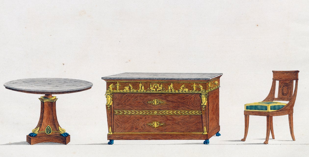 Mahognybord, byrå och stol, tallrik 241, illustration från Collection de meubles et objects de gout (Samling av möbler och smakföremål) av Pierre de La Mesangere