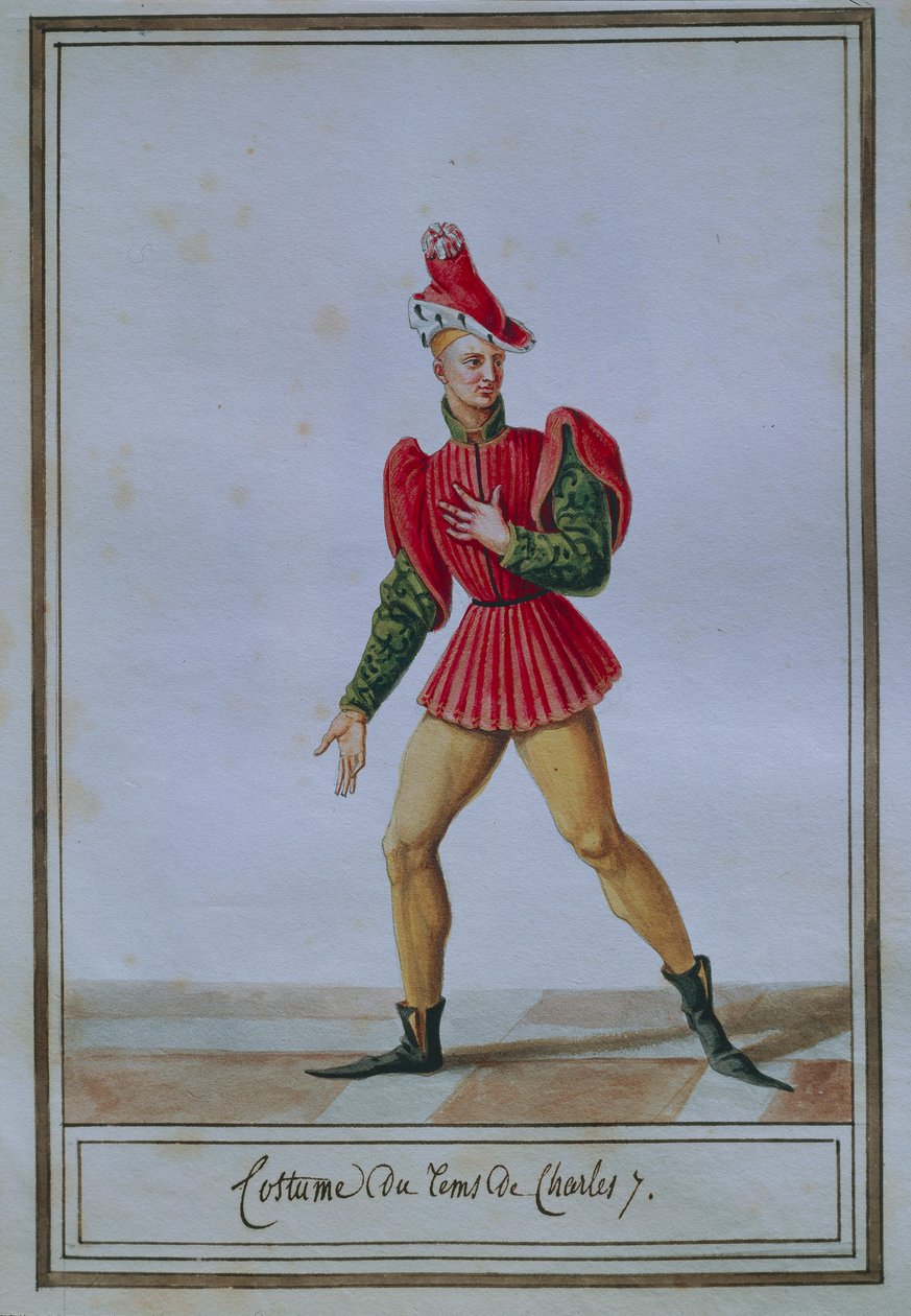 Sahani ya mitindo ya wanaume inayoonyesha vazi la wakati la Charles VII (1403-1461), na Pierre Antoine Leboux de La Mesangere (1761-1831), rangi ya maji. av Pierre de La Mesangere