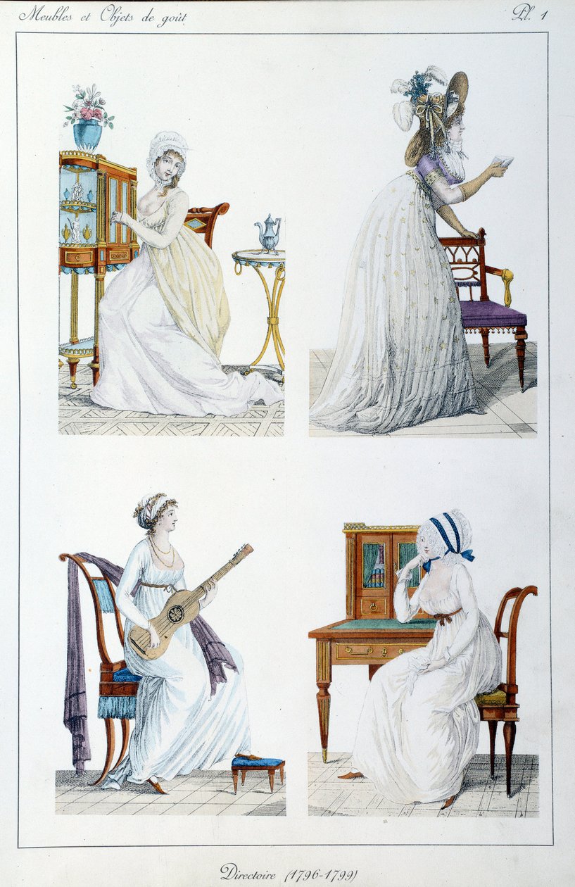 Porträtt av kvinnor från perioden Executive Board engagerade i olika konstnärliga och sociala aktiviteter. Tallrik hämtad från samlingen "" Collection de meubles et objets de taste"" av Pierre de la Mesangere (1761-1831). 1802. Paris. Dekorativ konst av Pierre de La Mesangere