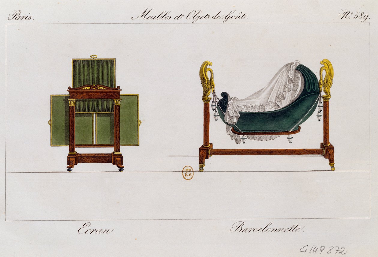 Skärm och gungvagga, tallrik 589, illustration från Collection de meubles et objects de gout (Samling av möbler och smakföremål) av Pierre de La Mesangere