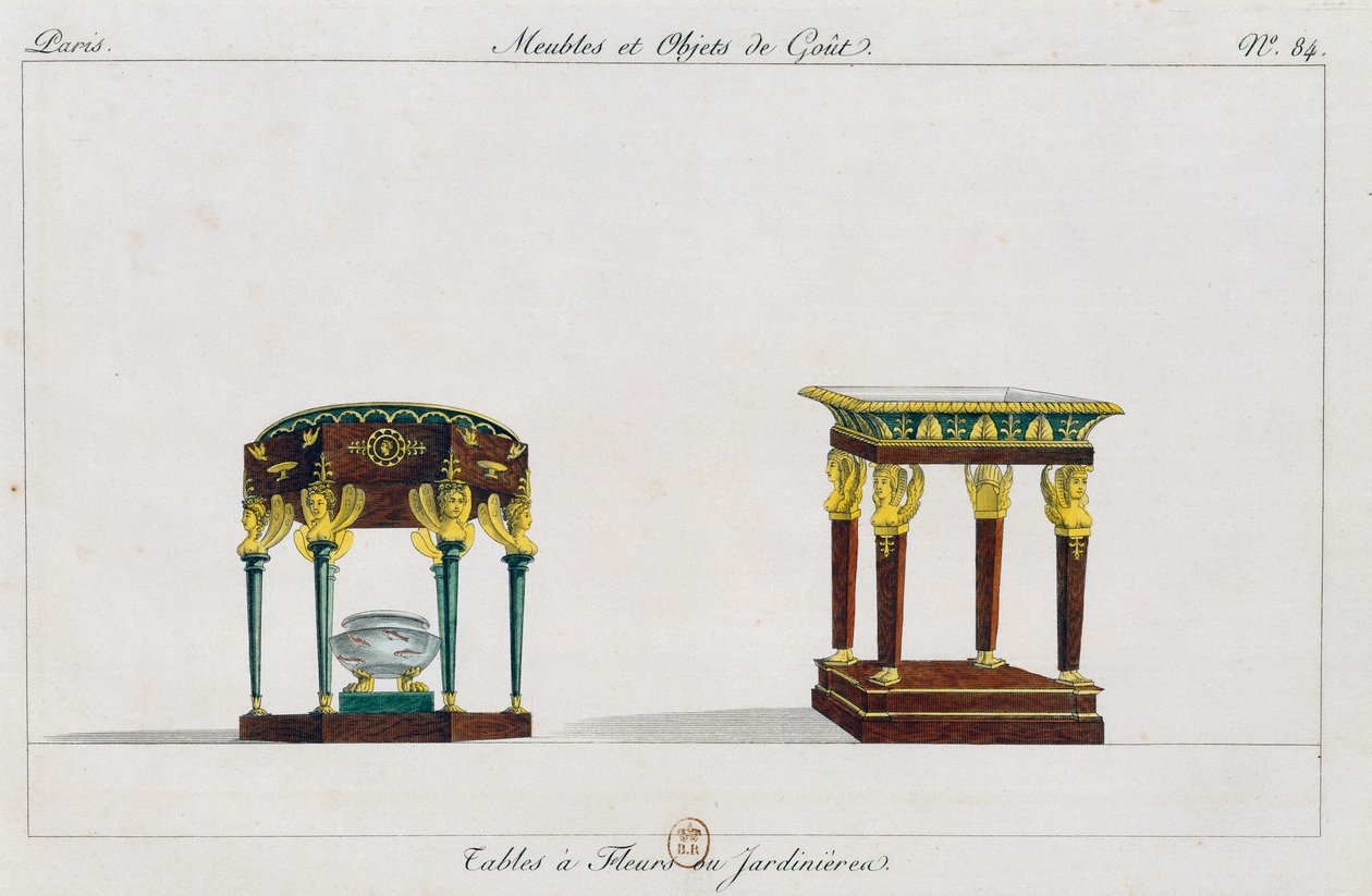 Bord för blommor eller blomsterställ, tallrik 84, illustration från Collection de meubles et objects de gout (Samling av möbler och smakföremål) av Pierre de La Mesangere